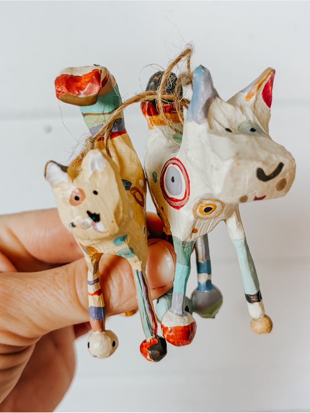 Vintage Folk Art Cat + Dog Christmas Ornaments